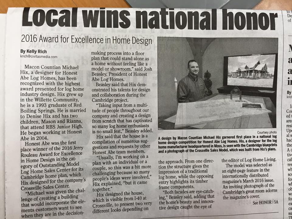 Honest Abe Designer Hix Featured in Hometown News for Awards